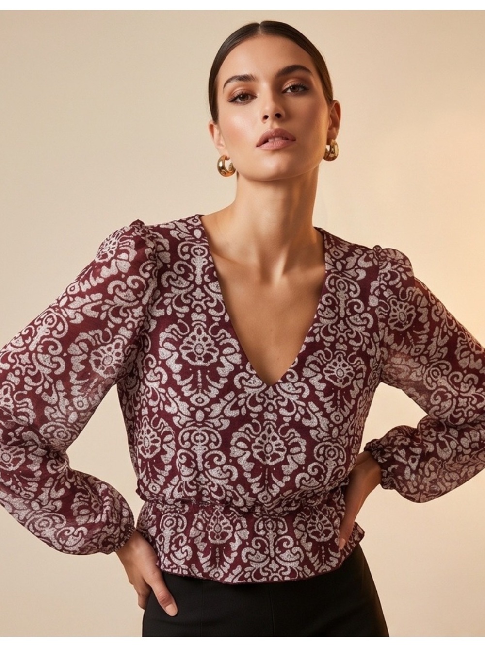 Anthropologie Wine-and-Cream Printed V-Neck Blouse